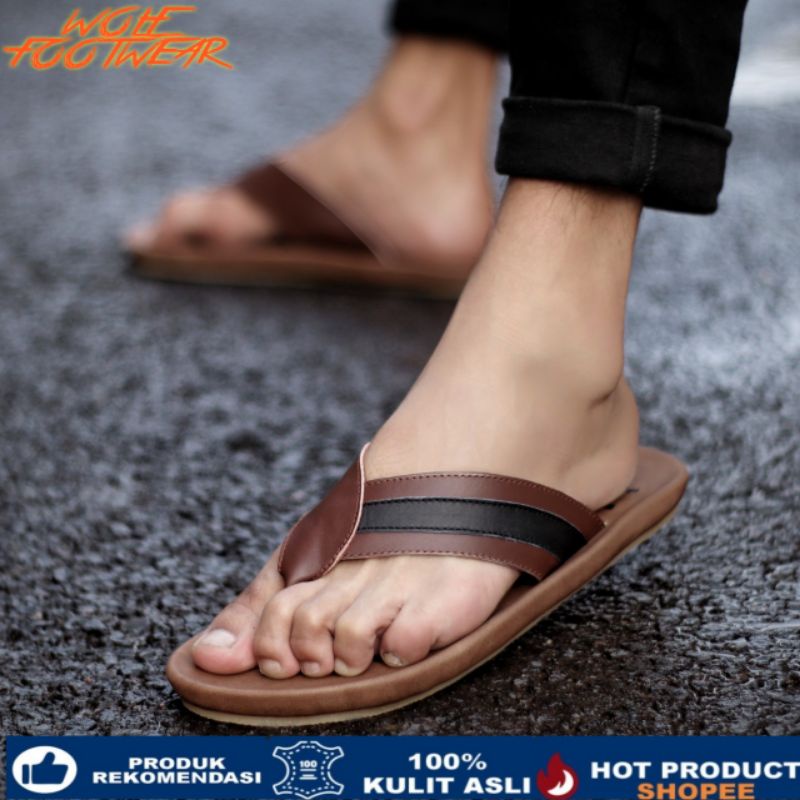 JARVIS BROWNIES Sandal pria kulit asli cevany original handmade sandal jepit kulit pria bisa COD