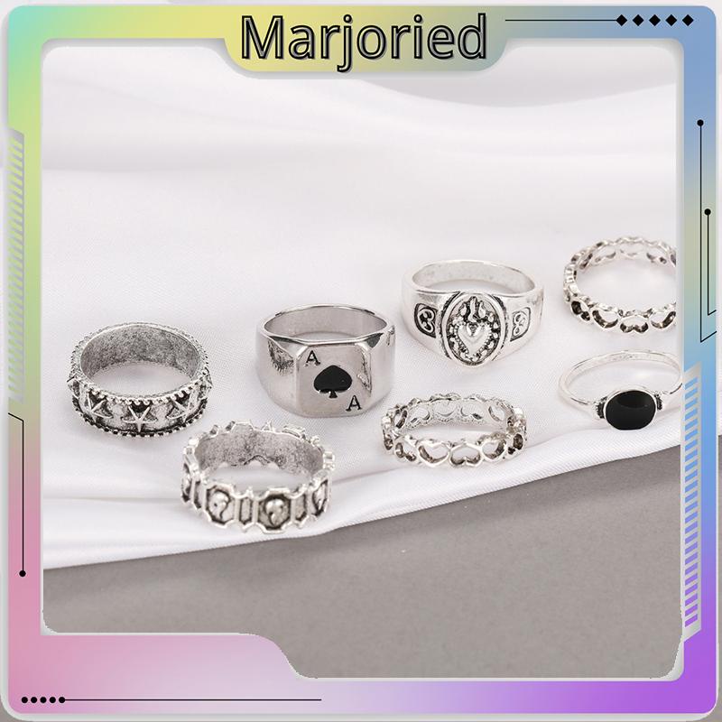 7 Pcs Cincin Jari Bentuk Hati Tidak Teratur Warna-Warni Gaya Punk Retro Untuk Pria-MJD