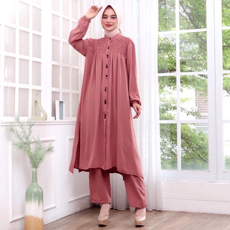 Jaya_Co Setelan Smok Crinkle / Setelan Celana Kerut Long Tunik Crinkle