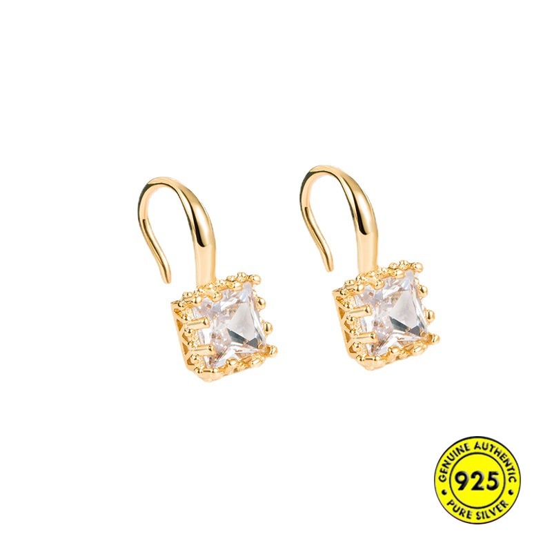 Anting Sterling Silver Bentuk Persegi Aksen Zircon Gaya Retro Perancis