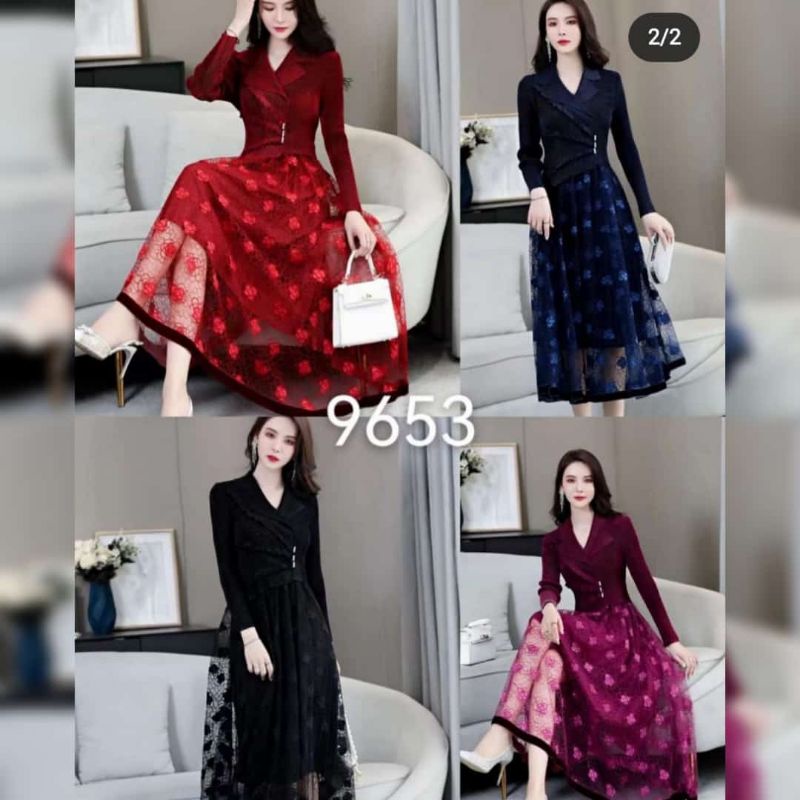 dress Korea Velvet brukat mawar