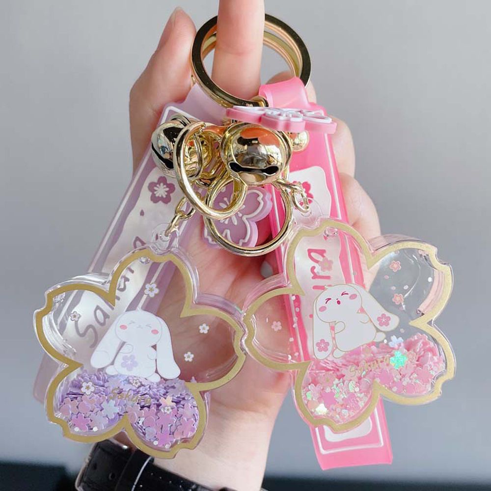 QUINTON Cute Sakura Quicksand Keychain Gift Keyring Liquid Sequins Car Key Ring Trinket Jewelry Cartoon Bunny Acrylic Key Chain Pendant/Multicolor