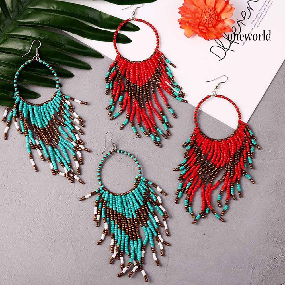 OW# Bohemian Women Beads Tassel Round Dangle Long Hook Earrings Statement Jewelry