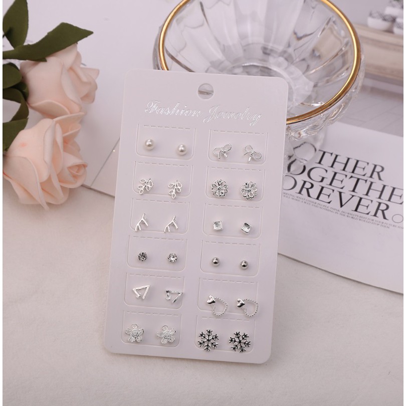 12 Pasang Anting Tindik #04 SILVER Tusuk Set Korea Fashion Stud Earrings Gaya Korea Fashion Korean