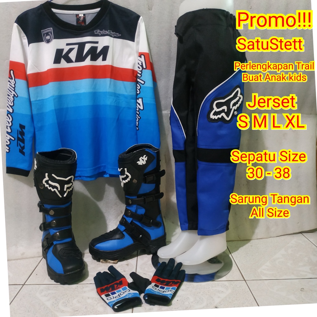 baju traill stelan anak offroad sepatu cross satu sett jersey sarung tangan biru hitam