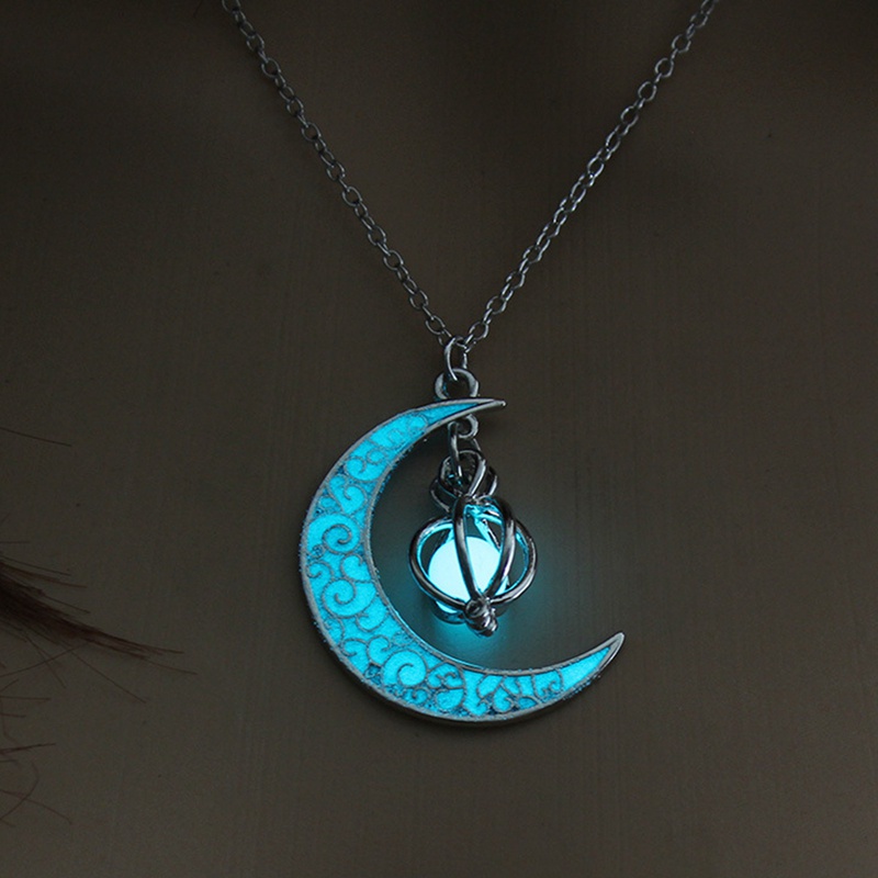 Glow In The Dark Luminous Fashion Necklace Moon&amp;Pumpkin Pendant Silver Plated