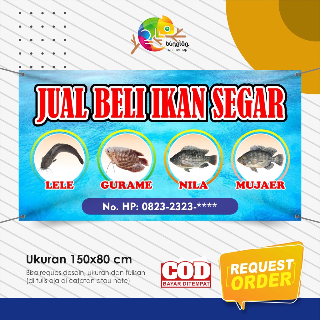 Jual Size 150x80 Cm, Spanduk Banner Jual Ikan Segar, Model B Indonesia