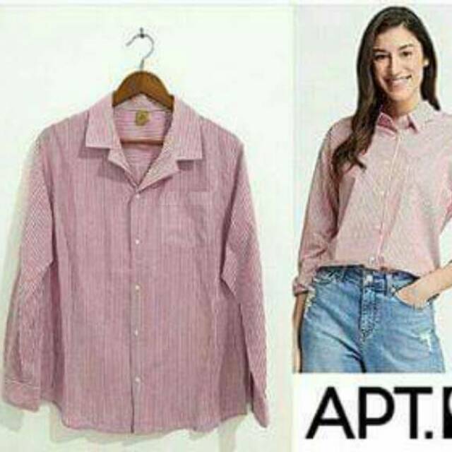 Kemeja Wanita Lengan Panjang Branded APT9 classic button down shirt (striped grey)