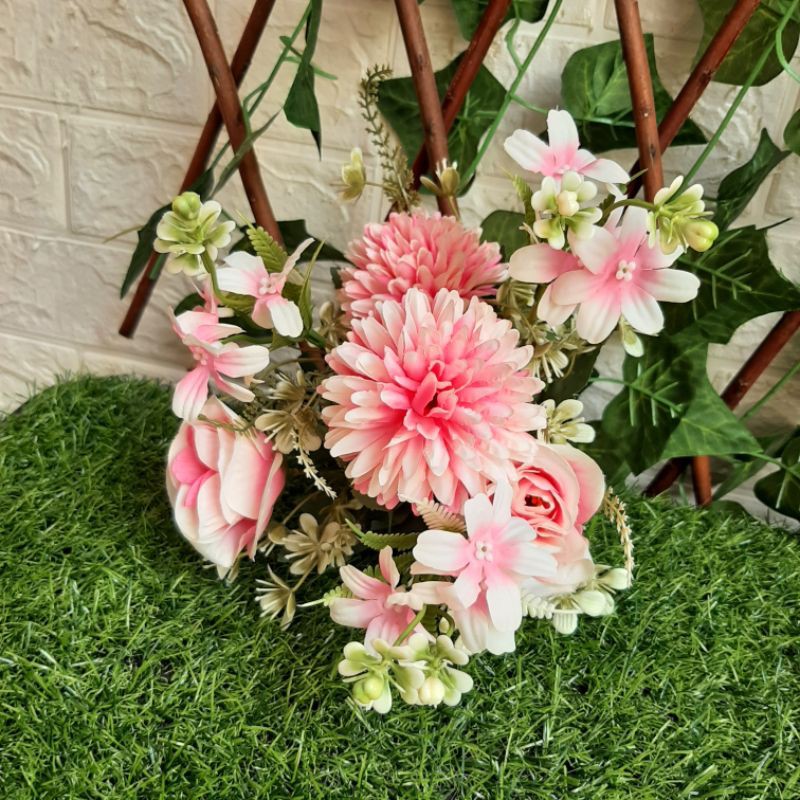 BUNGA MIX MAWAR (16)-BUNGA HIAS-BUNGA ARTIFISIAL-BUNGA PALSU (MWM45)-Pink gradasi