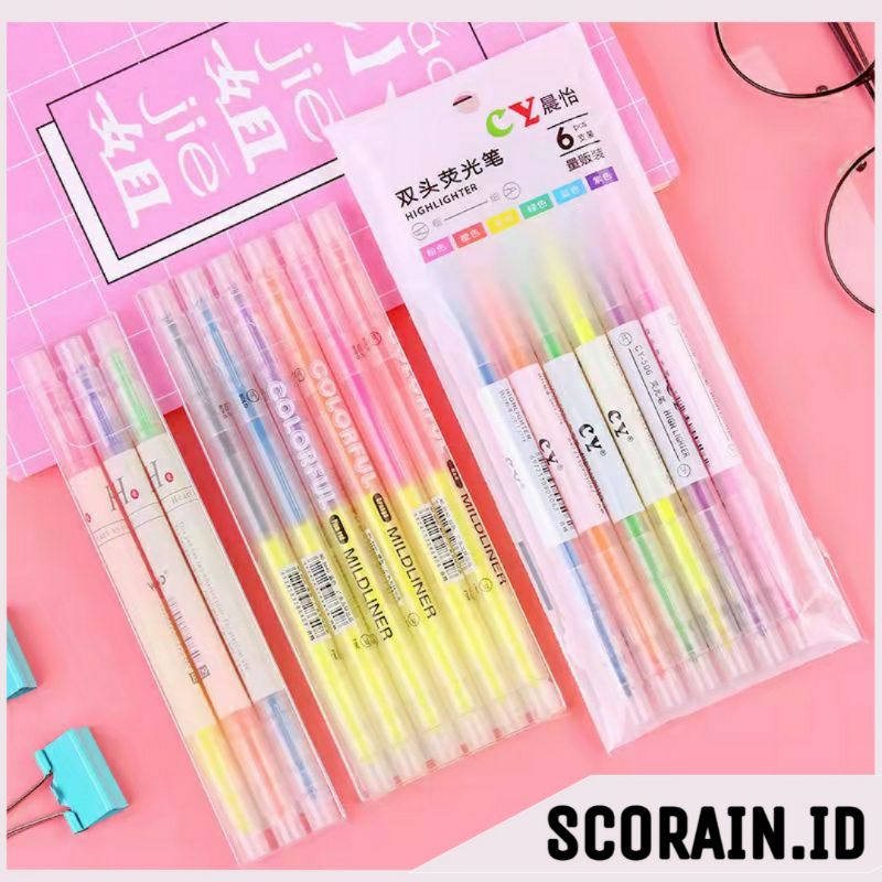 STABILO HIGHLIGHTER WARNA WARNI CAMPUR 6 WARNA 2 ARAH | STATIONERY STABILO COLLORFULL HIGHLIGHTER | STABILO MENANDAKAN CATATAN MURAH WARNA LUCU TERANG