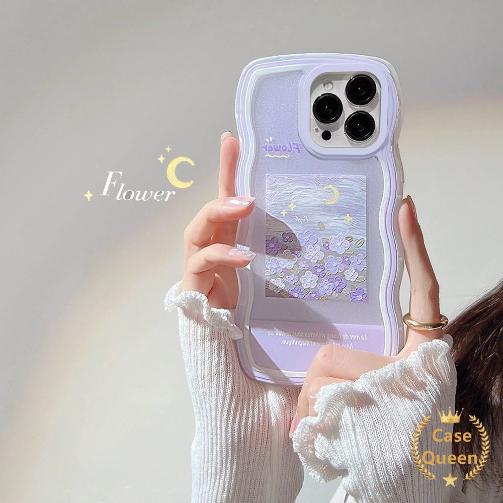 Fashion Lukisan Cat Minyak Ungu Bunga Case Oppo A17 A16 A15 A57 2022 A15s A12 A54 A7 A5s A16s A17K A53 A33 2020 A3s A11K A35 A32 A12e Wavy Edge TPU Soft Back Cover