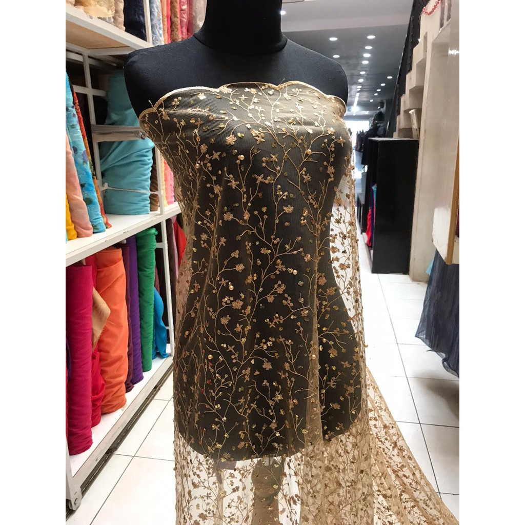 Brokat Tulle Akar Payet warna Gold / Kain Brukat Kebaya Meteran