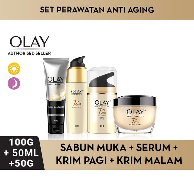 Olay Total Effects 7 In One Skincare Anti Aging - Facial Wash 100 Gr, Serum Wajah 50 ml, Night Cream 50 Gr, Day Cream NORMAL / GENTLE SPF 15, BB Creme SPF15 - Skin care Perawatan Kulit Wajah - Krim Pelembab, Serum Wajah, Sabun Cuci Muka Cleanser