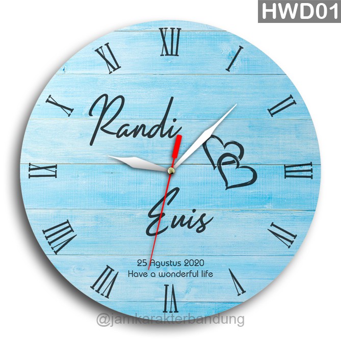 JAM DINDING KAYU CUSTOM NAMA FOTO HADIAH PERNIKAHAN UNIK KADO NIKAH NIKAHAN WEDDING ULANG TAHUN LUCU-Biru Muda - 20 cm