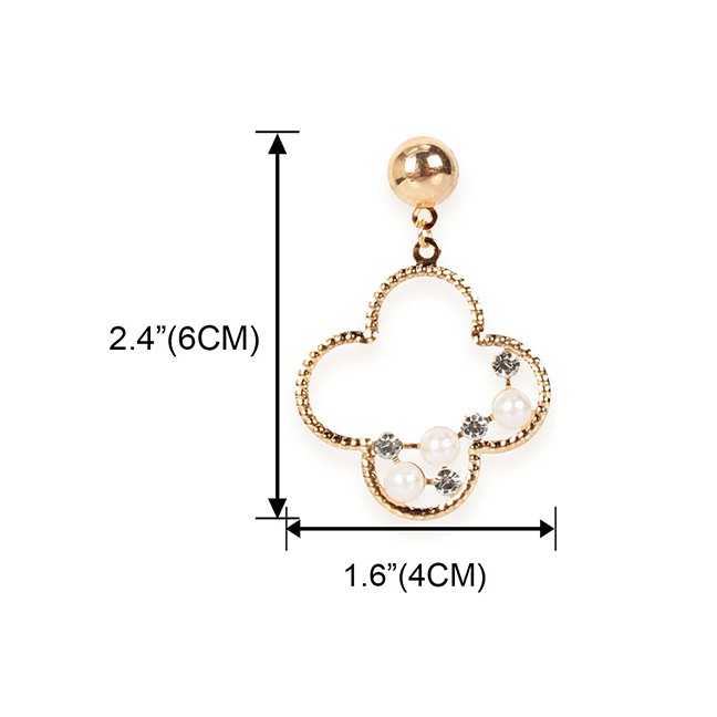 LRC Anting Tusuk Fashion Golden Alloy Diamond Pearl Clover Hollow Earrings K44375