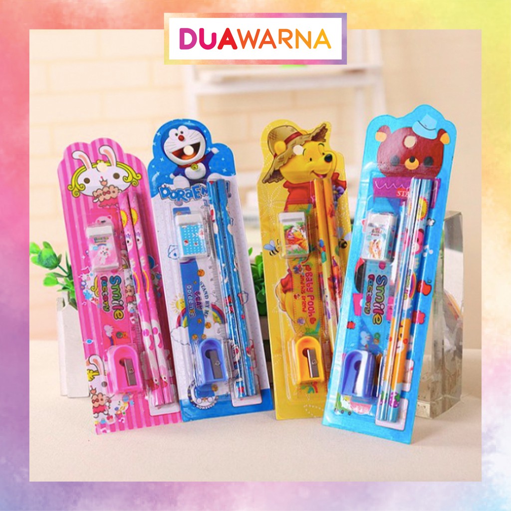 

DuaWarna Alat Tulis Set Mini Stationary Set Sekolah 5 in 1 Pensil Set Karakter 5in1 Kartun