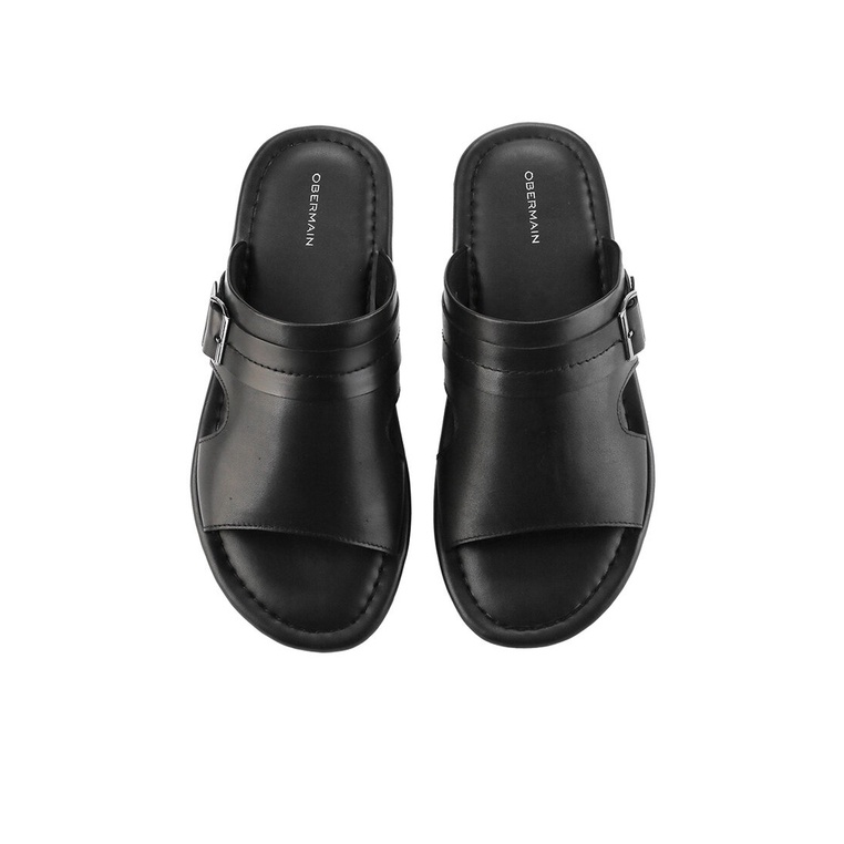 SANDAL SLIDE KULIT OBERMAIN PRIA ORIGINAL CASUAL BRANDED HITAM OM13