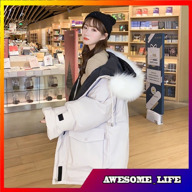 Jaket Wol Wanita Korea 's Mid-Length Korean-Style  New down  Jacket 's Loose Thick Large Fur Collar
