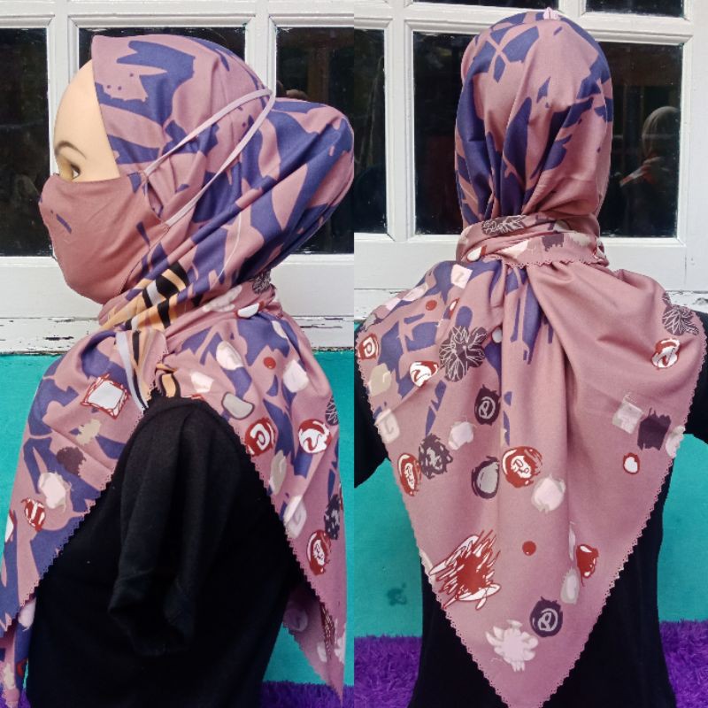 Hijab Segiempat Motif Masker / Set Masker.