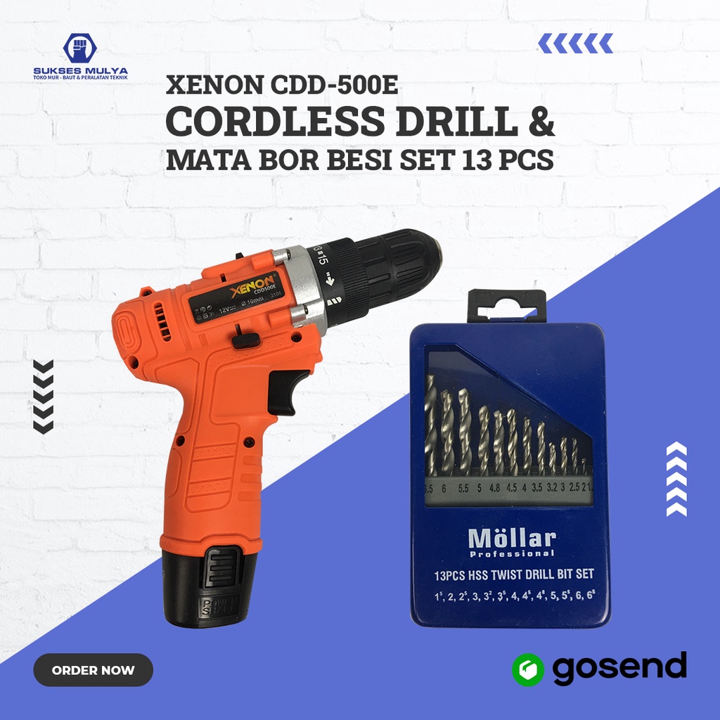 Paket Cordless Xenon CDD500E Mata Bor Besi Mollar 13 pcs Bor Charger
