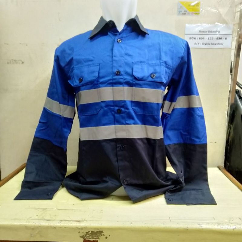 Baju Safety Kombinasi Biru Lengan Panjang / Kemeja Kerja Proyek Atasan Pria Bahan Drill