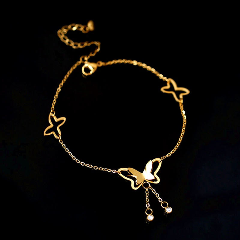 Gelang Kaki Titanium Anti Karat Cantik Kupu Emas 18k Aksesoris Wanita Korea