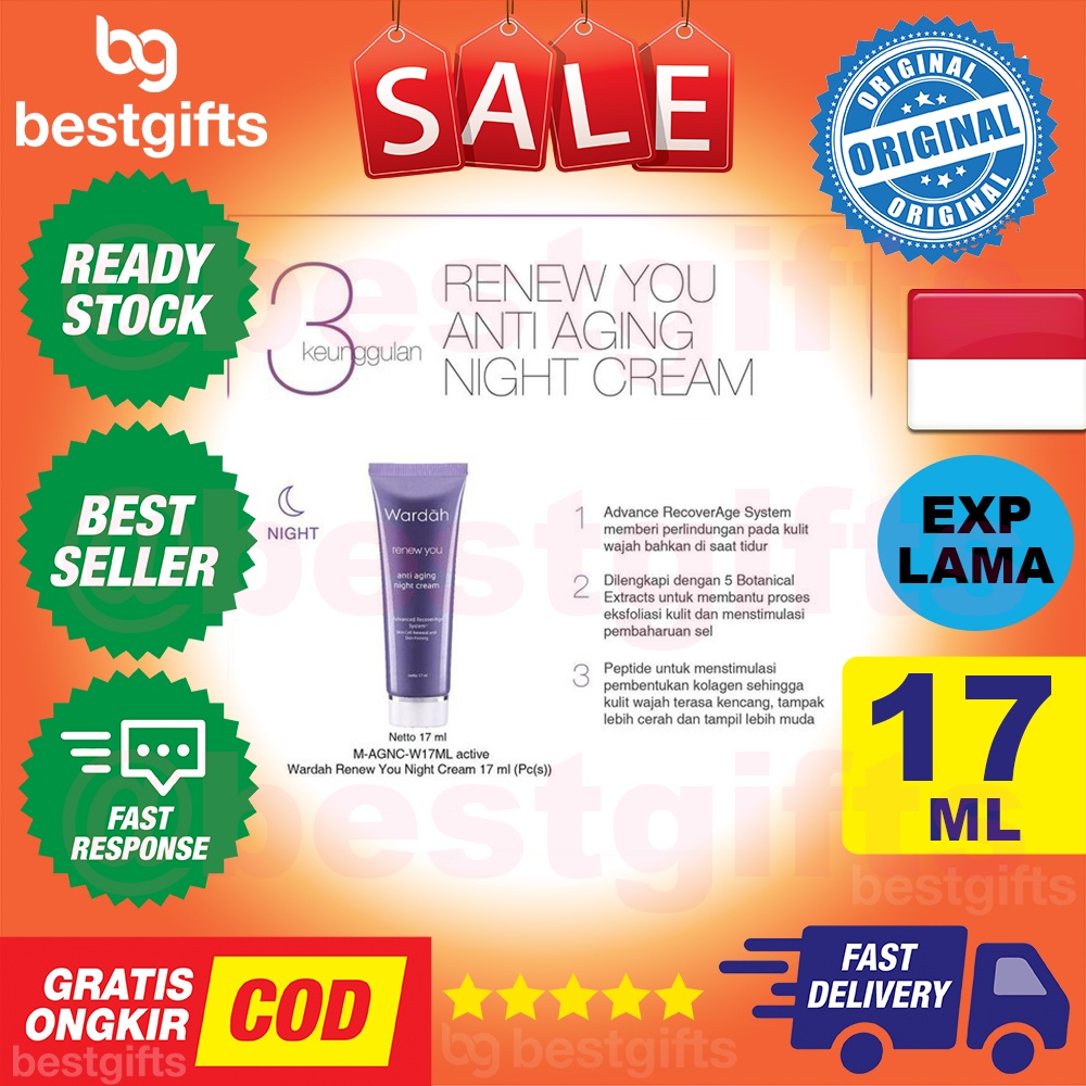 WARDAH RENEW YOU ANTI AGING NIGHT CREAM KRIM MALAM PELEMBAB MUKA WAJAH AWET MUDA KENCANG CERAH 17 ML