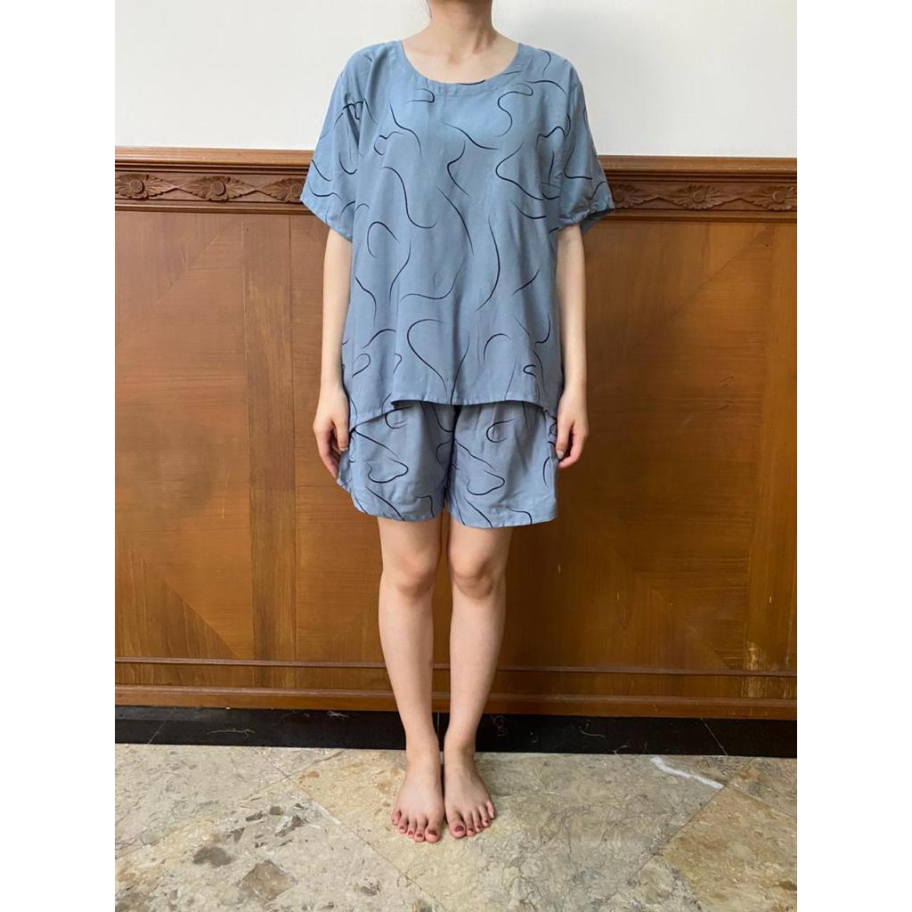 Daily Set / Pajamas Set / Piyama Set  - Tangan Pendek , Celana Pendek (SU)-Motif Tali Grey