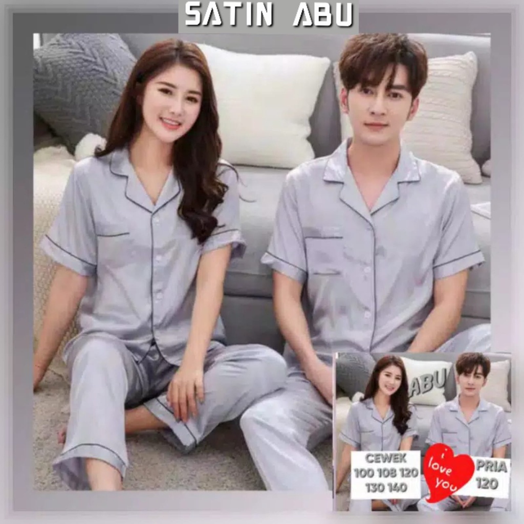 BAJU TIDUR COUPLE/PASANGAN JUMBO PRIA/WANITA / SUAMI ISTRI SATIN SILK-2 PCS- ABU