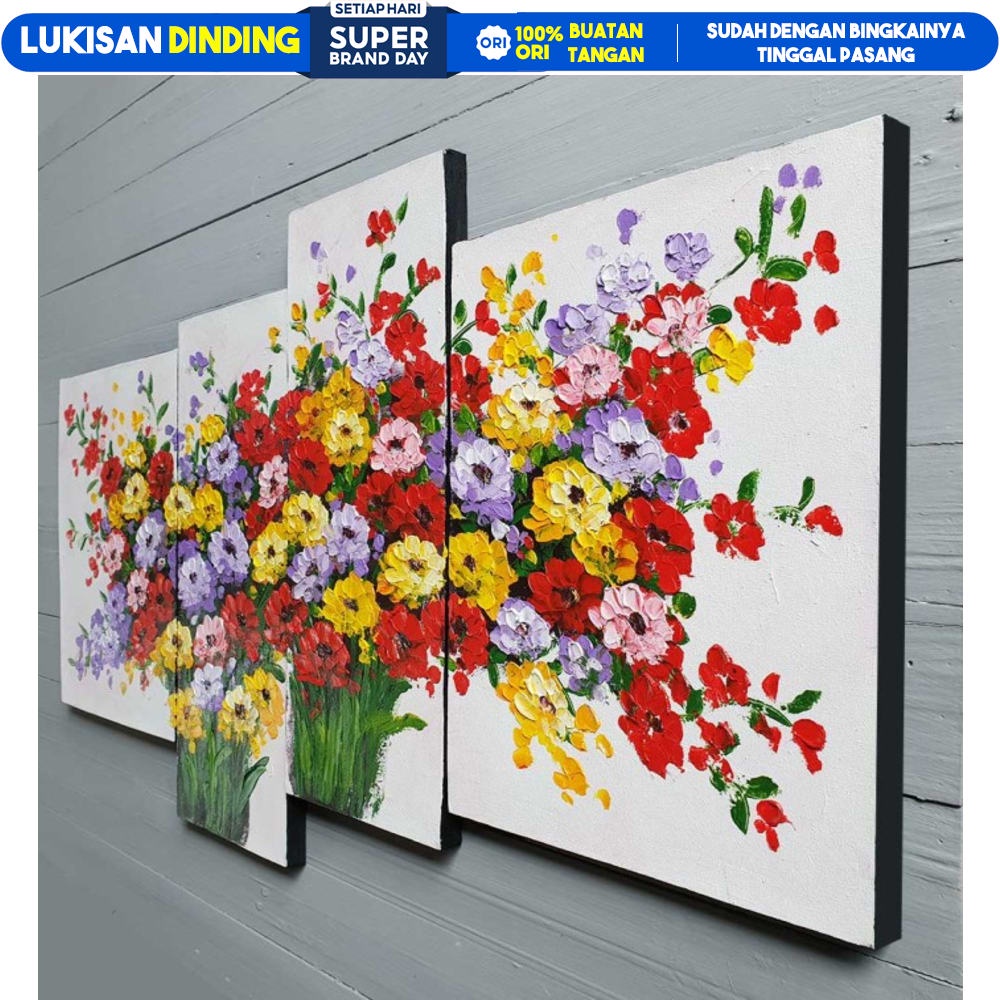 LUKISAN BUNGA PALET WARNA WARNI - UKURAN BESAR LUKISAN DINDING RUANG TAMU KANVAS ABSTRAK WAJAH MINIM