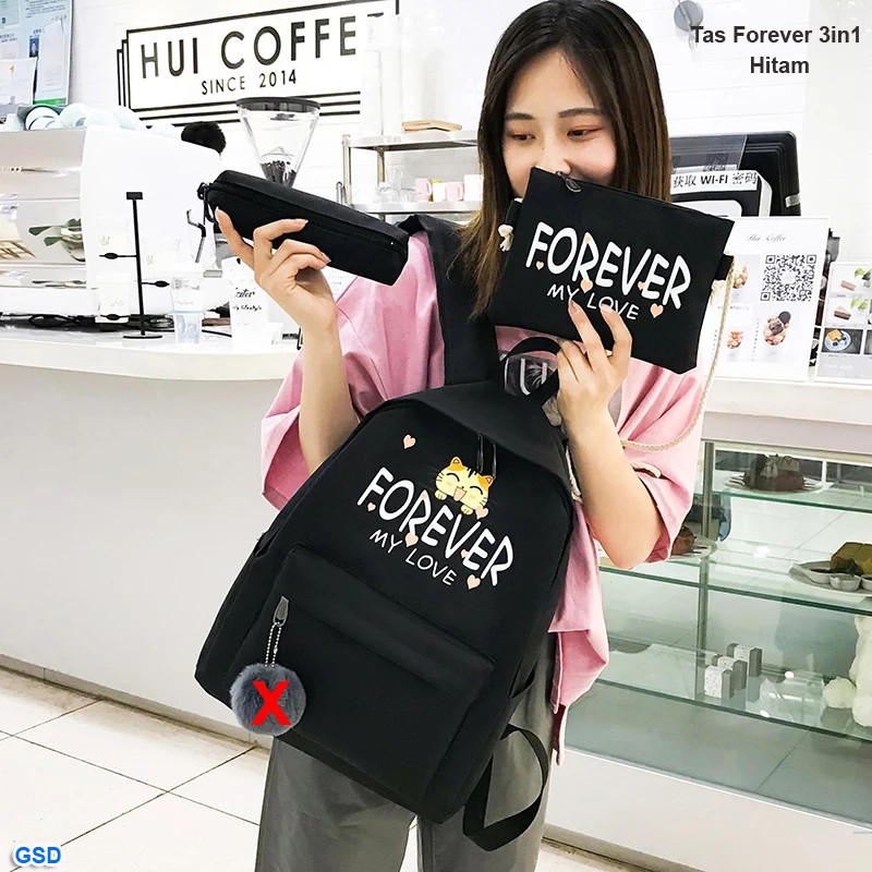 Tas forever 3in1/tas ransel+tas selempang+cluth perempuan/paket tas murah motif lucu