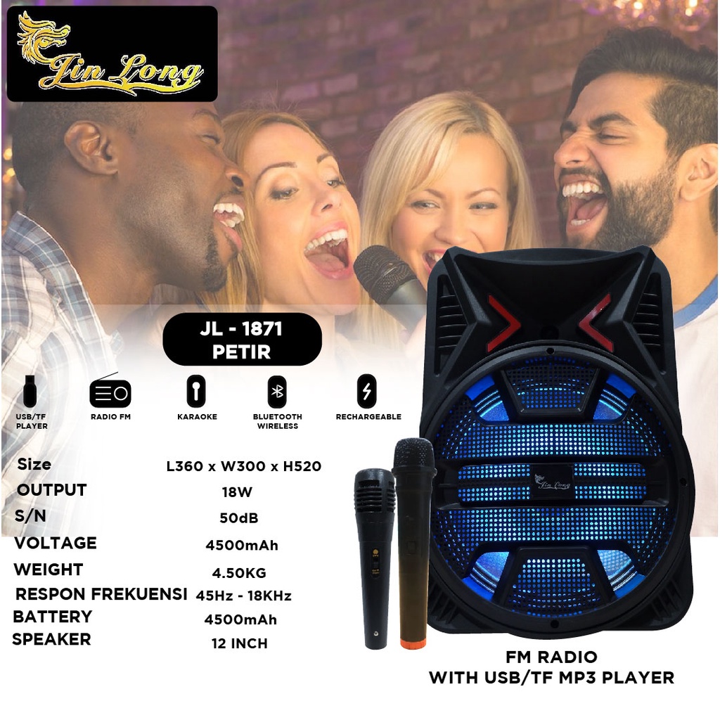 SPEAKER JINLONG ORIGINAL JL 1871 PETIR SPEAKER BLUETOOTH SPEAKER KARAOKE FREE MIC 2PCS