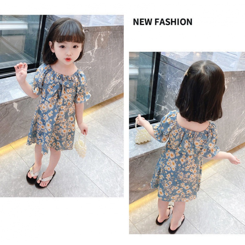 Dress Anak Perempuan Korean Fashion Floral Printed Short Sleeve Gaun