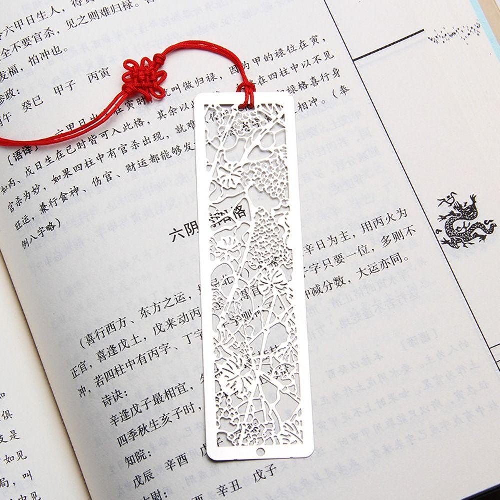 [Elegan] Logam Bookmark Stainless Steel Perlengkapan Sekolah Halaman Pemegang Perlengkapan Belajar Gaya Retro Cina Berongga Label Halaman Simpul Merah