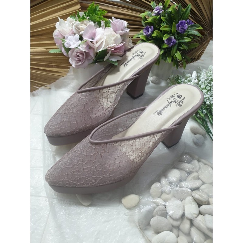 sepatu v mauve brukat lace 9cm hak tahu