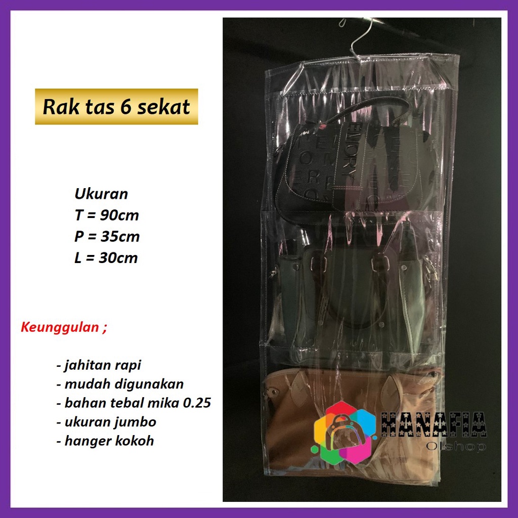 HANAFIA RAK TAS GANTUNG TRANSFARAN 6 SEKAT BAG ORGANIZER KOTAK TEMPAT PENYIMPANAN TAS ANTI DEBU HANGING BAG ORGANIZER 6 POCKETS TAS SERBAGUNA | RAK TAS POLOS TRANSFARAN RAK TAS GANTUNG JUMBO | RAK TAS JUMBO |RAK TAS GANTUNG POLOS | RAK TAS JUMBO GANTUNG