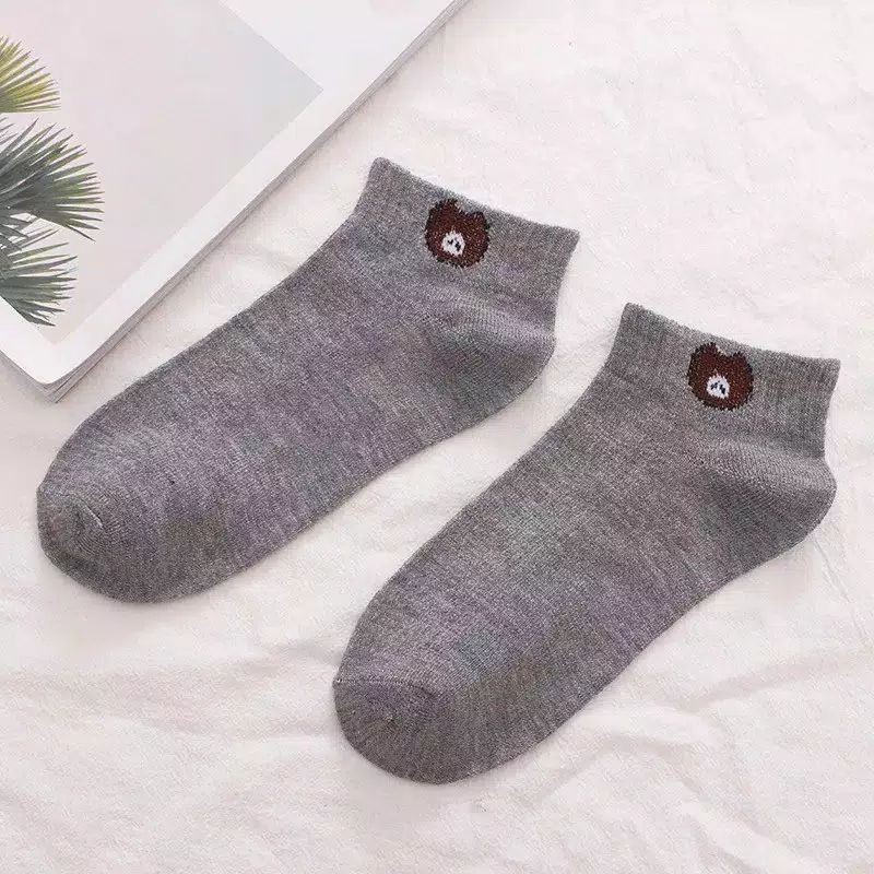 kaos kaki pendek matakaki motif beruang kaos kaki wanita dewasa motif brown/panda bahan lembut termurah-Abu tua