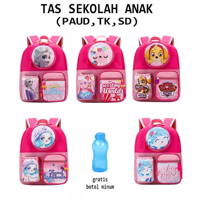 Tas Ransel Sekolah Anak TK SD Murah Karakter Laki - Laki &amp; Perempuan Free Botol Minum