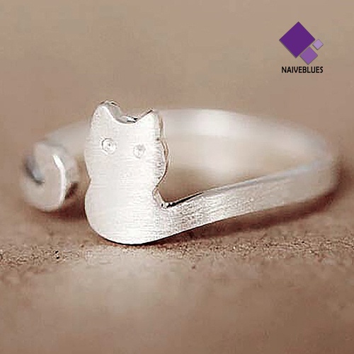 Cincin Model Terbuka Adjustable Desain Kucing Lapis Silver Untuk Wanita