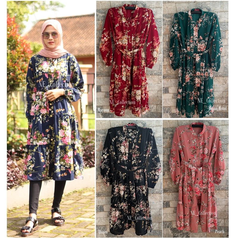 Atasan Wanita Tunik Ceruty Model Flowers Bahan Premium