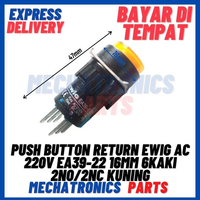 [SWI-9069] PUSH BUTTON RETURN EWIG AC 220V EA39-22 16MM 6KAKI 2NO/2NC KUNING