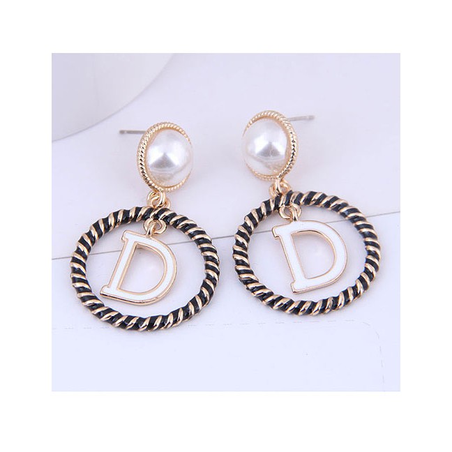 LRC Anting Tusuk Fashion Golden Round Letter Pearl Studs A60082