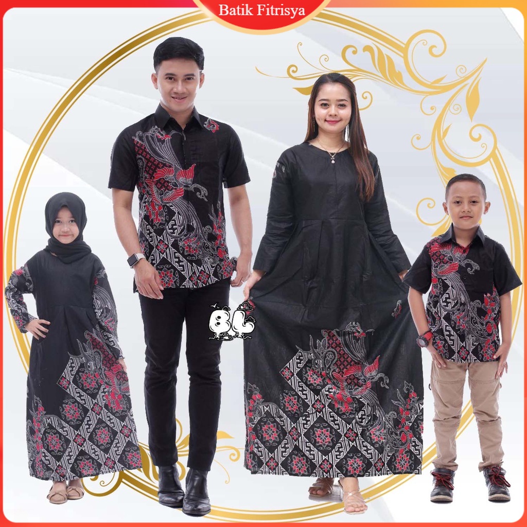 Set Batik Keluarga - Batik Keluarga Hijab - Ibu Bapak Anak - Motif Burung Kenari Hitam - Dress Tunik