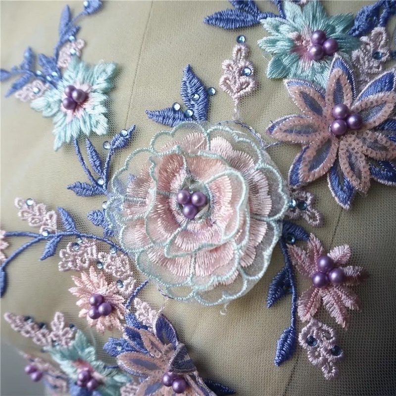 Aplikasi Lace 3D Flowers Beads Rhinestones