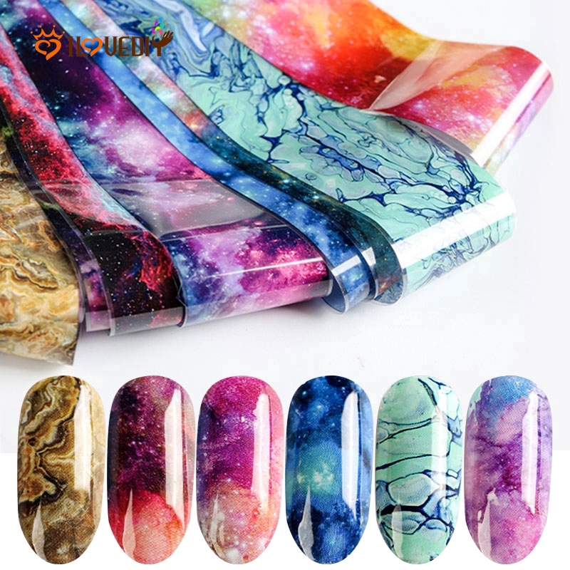 10 Lembar Stiker Kuku Foil Holografik Gradasi Starry Sky Transfer Air Untuk Dekorasi Manicure/Nail Art