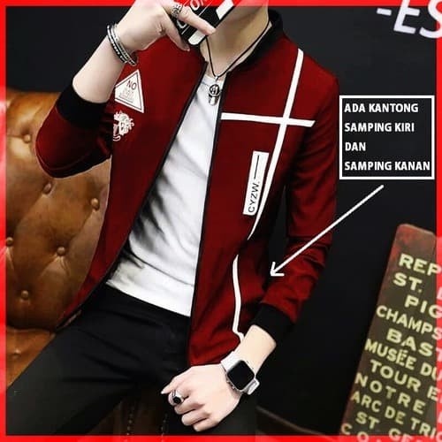 F670 Jaket Bomber UpToDate Maroon CL Outer Atasan Sweater Zipper Pakaian Pria Modis Tricott