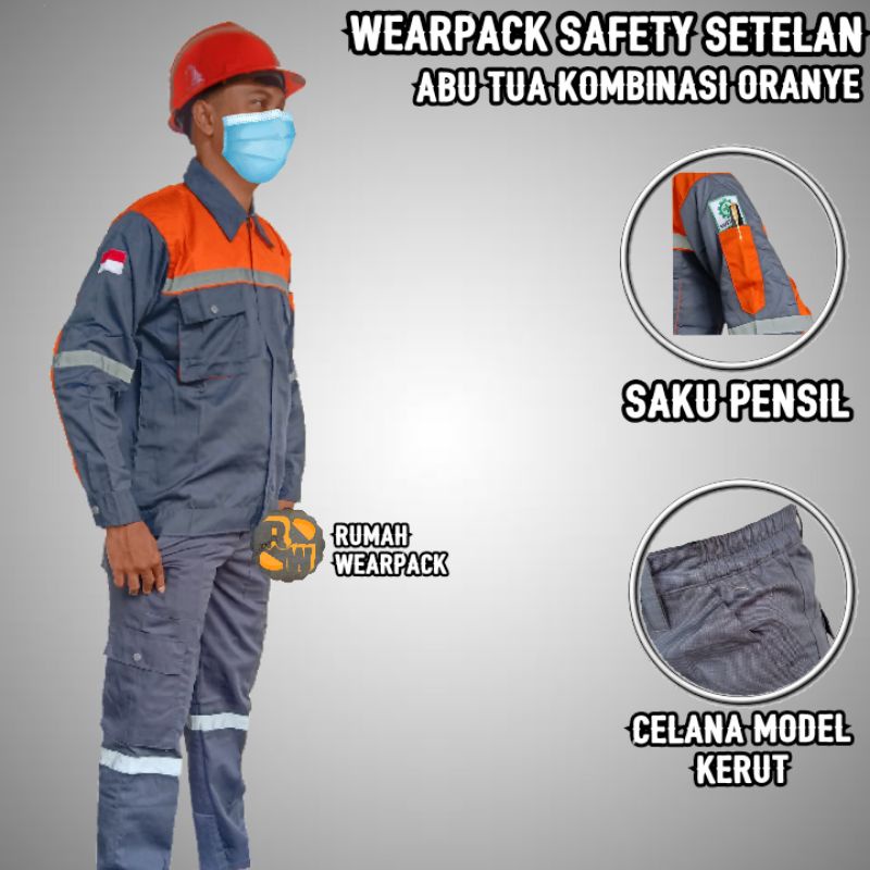 Setelan Wearpack dan Celana Warna Abu Tua Kombinasi Oranye