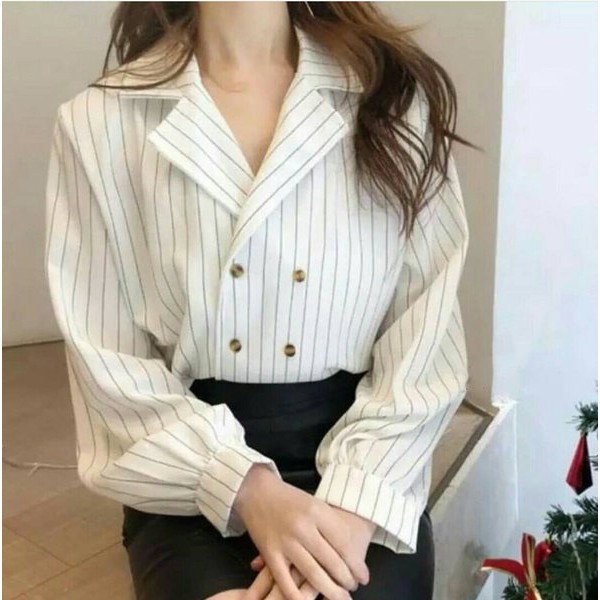 Pakaian Wanita sq Button blazer wanita lengan panjang white Wolpis xl modis modern cantik elegan