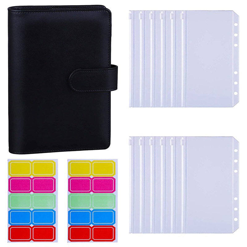 A6 Binder Budget Planner Notebook Binder Set Penyimpanan Tagihan Amplop Uang Tunai dengan 12pcs 6 Lubang Ritsleting Folder 20pcs Label Gratis