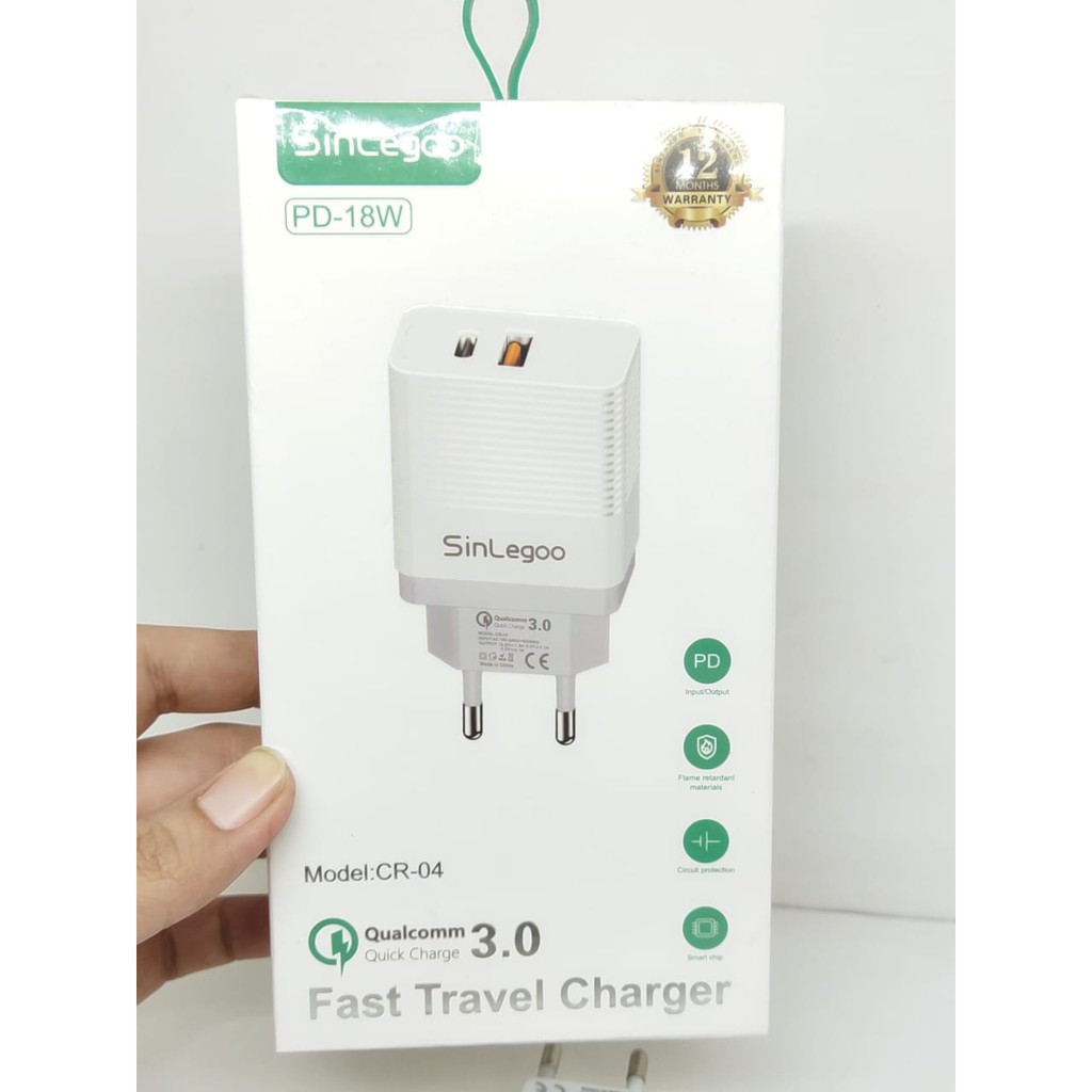 SINLEGOO CR-04 Head Charger QC3.0 PD-18W Type-C 1 USB Port Fast Travel Charger GARANSI 1 TAHUN